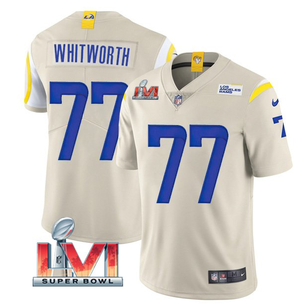 Men's Los Angeles Rams #77 Andrew Whitworth 2022 Bone Super Bowl LVI Vapor Limited Stitched Jersey Men's Los Angeles Rams #77 Andrew Whitworth 2022 Bone Super Bowl LVI Vapor Limited Stitched Jersey